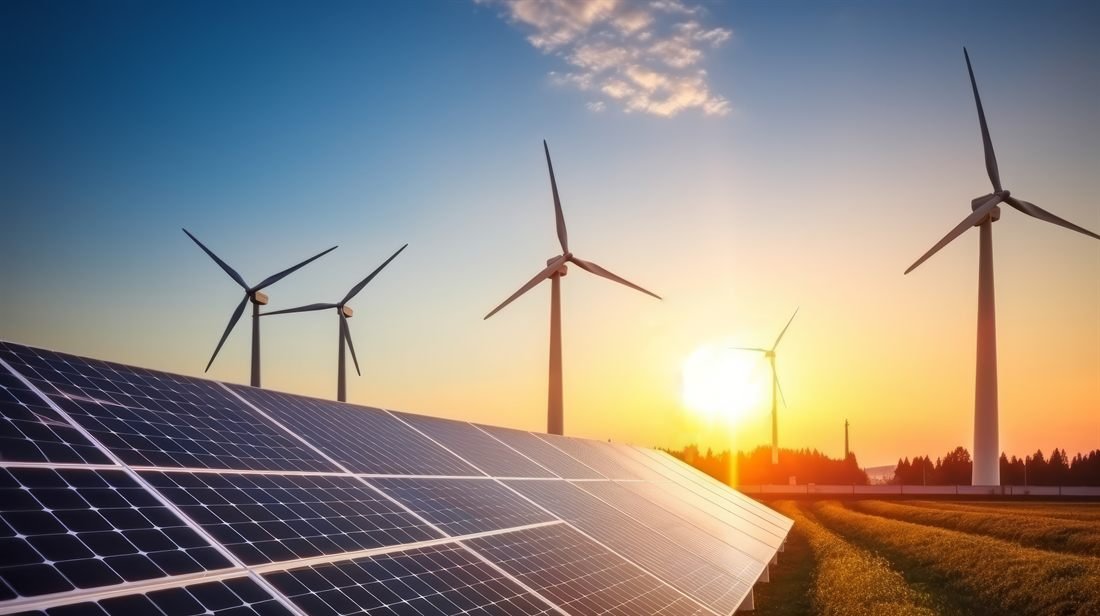 Wind turbines and solar panels at sunset