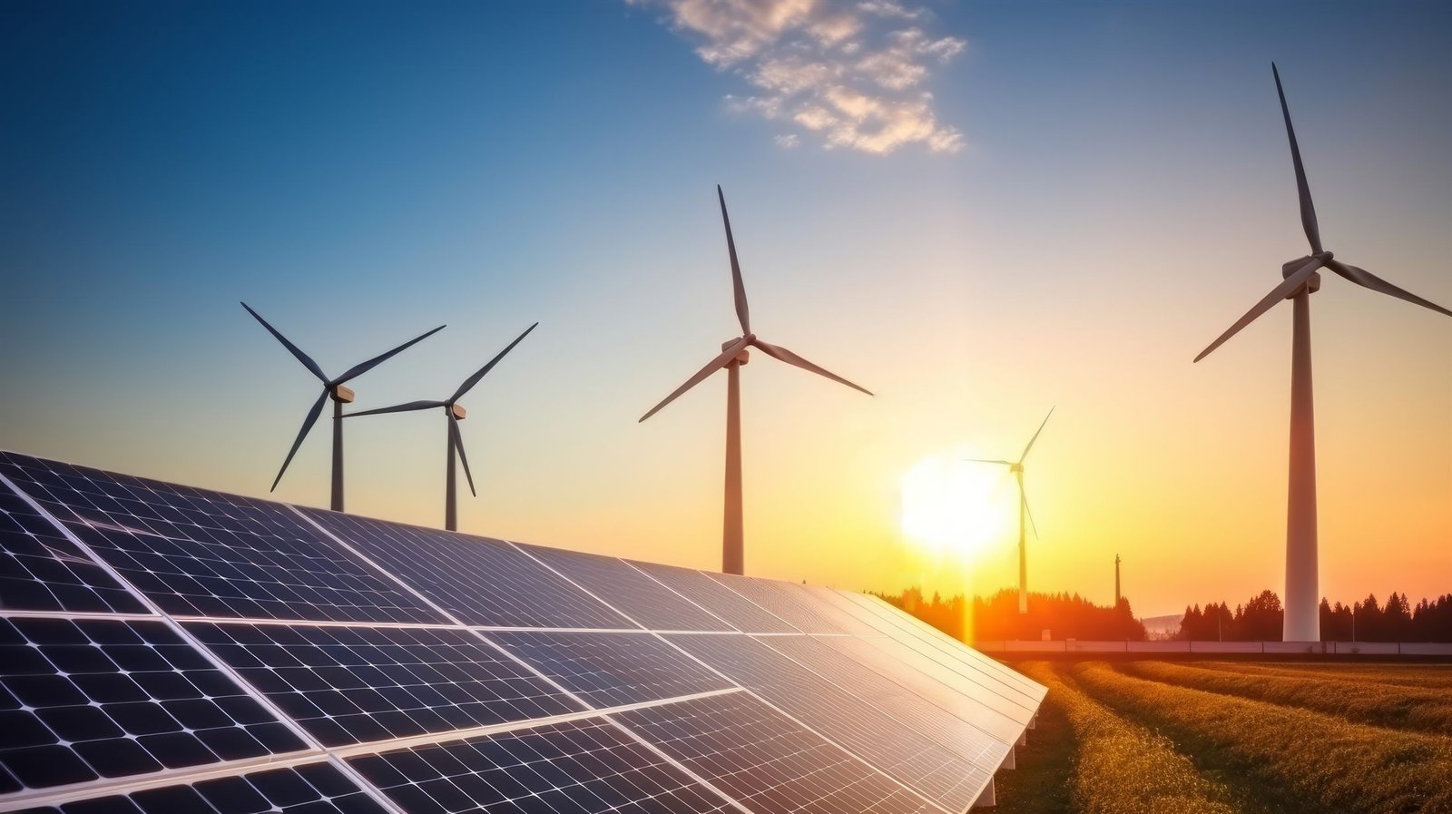 Solar panels and wind turbines at sunset